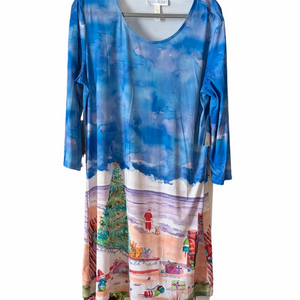 NWT Ellen Negley Art &Sol Scenic Long Sleeve Dress -Xmas at the Beach. L